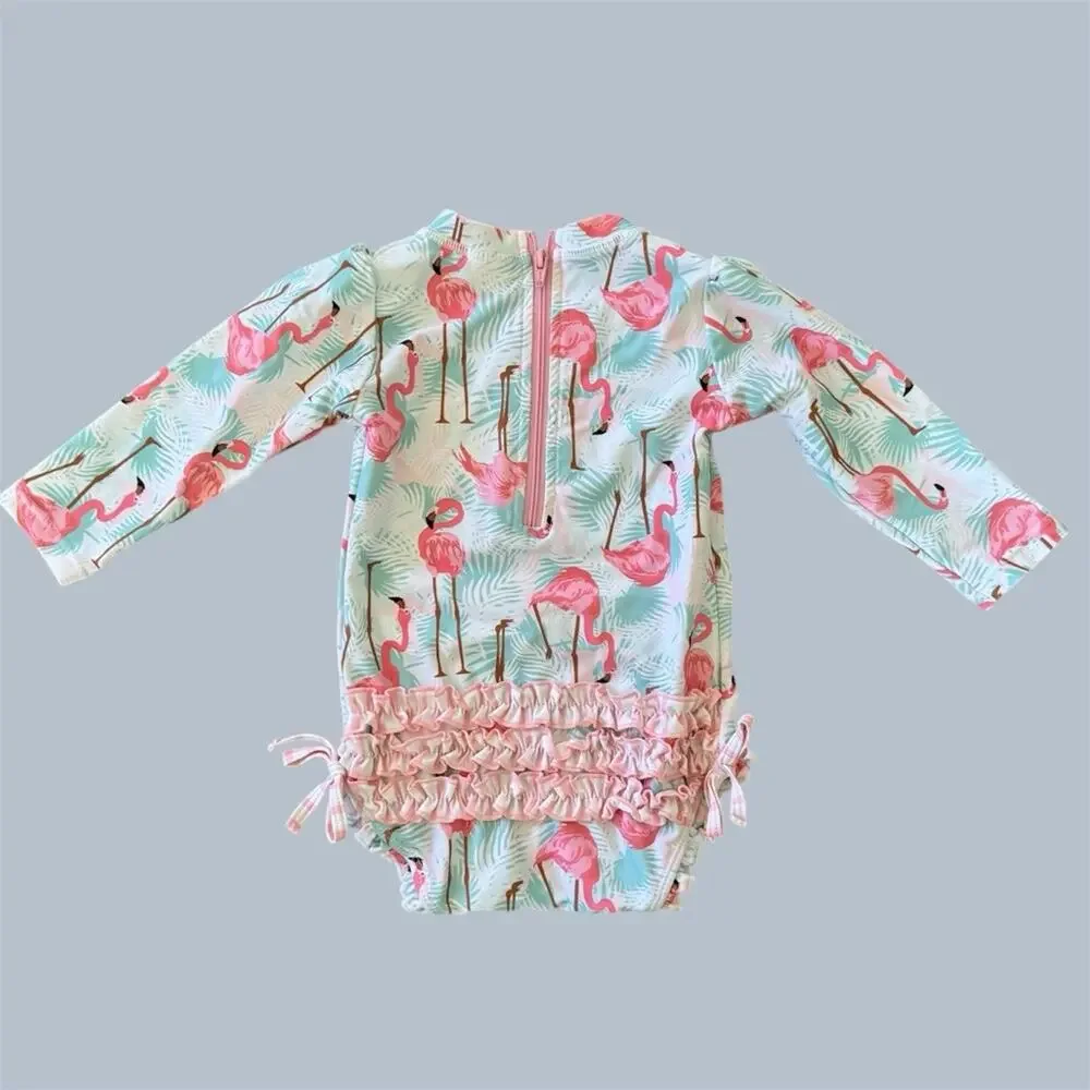 Ruffle Butts Kids Flamingo Print One Piece Rash Guard Swimwear Size 12-18 M